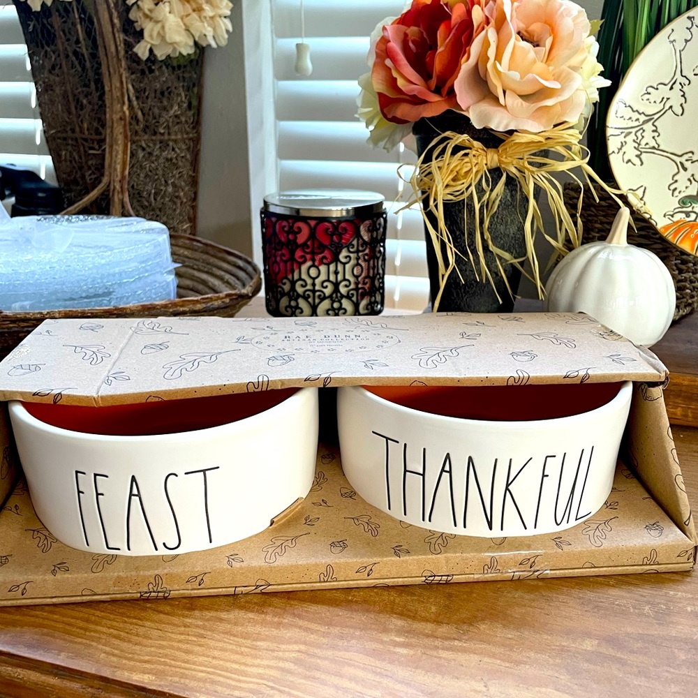 Rae Dunn Feast Thankful Dog Bowls